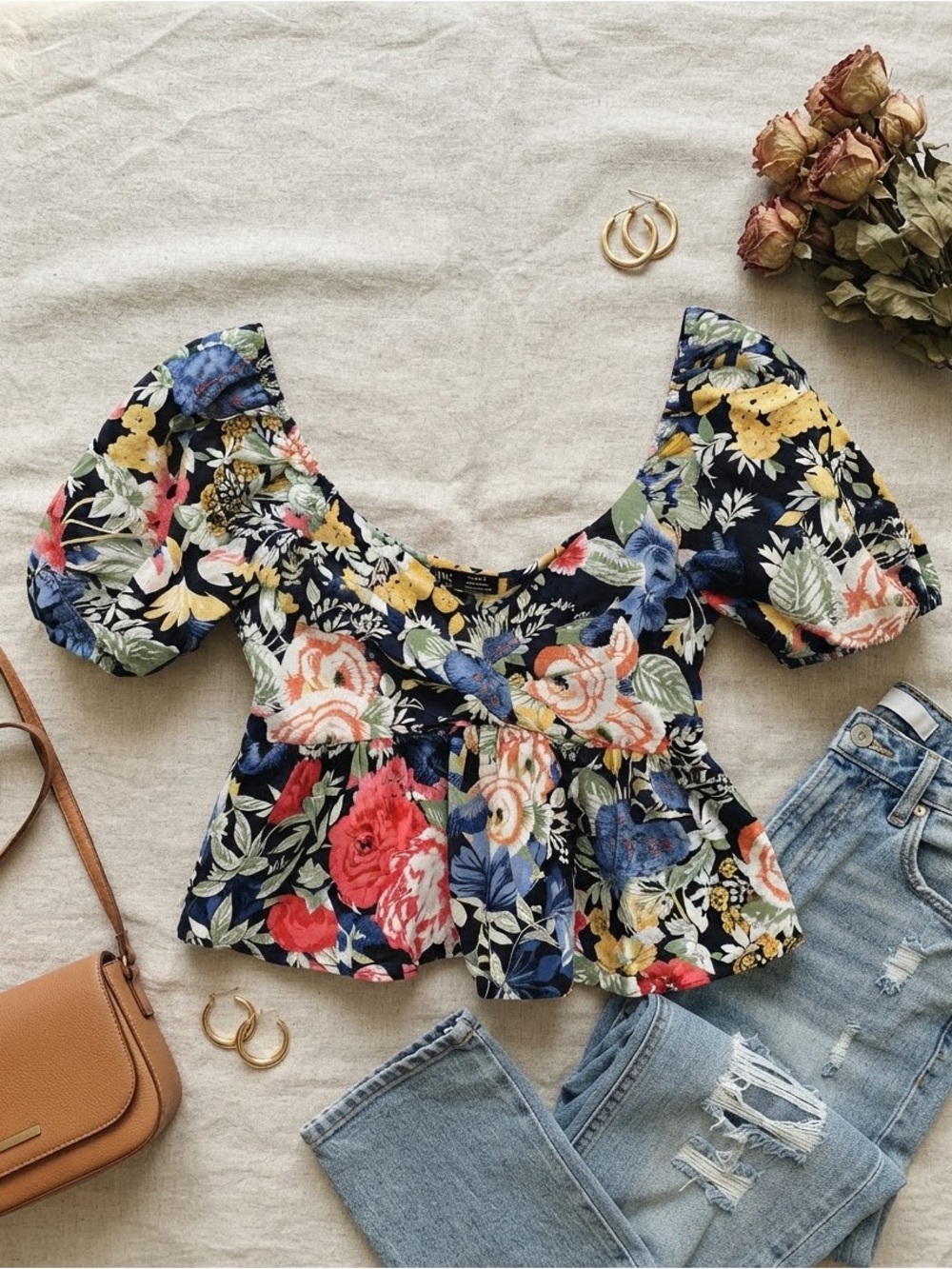 ZARA TRF Multicolor Floral Puff Sleeve Peplum Crop Top Size M